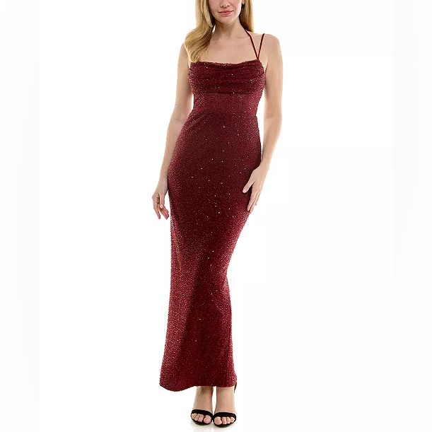 City Studio Juniors' Bead Embellished Cowlneck Sleeveless Gown